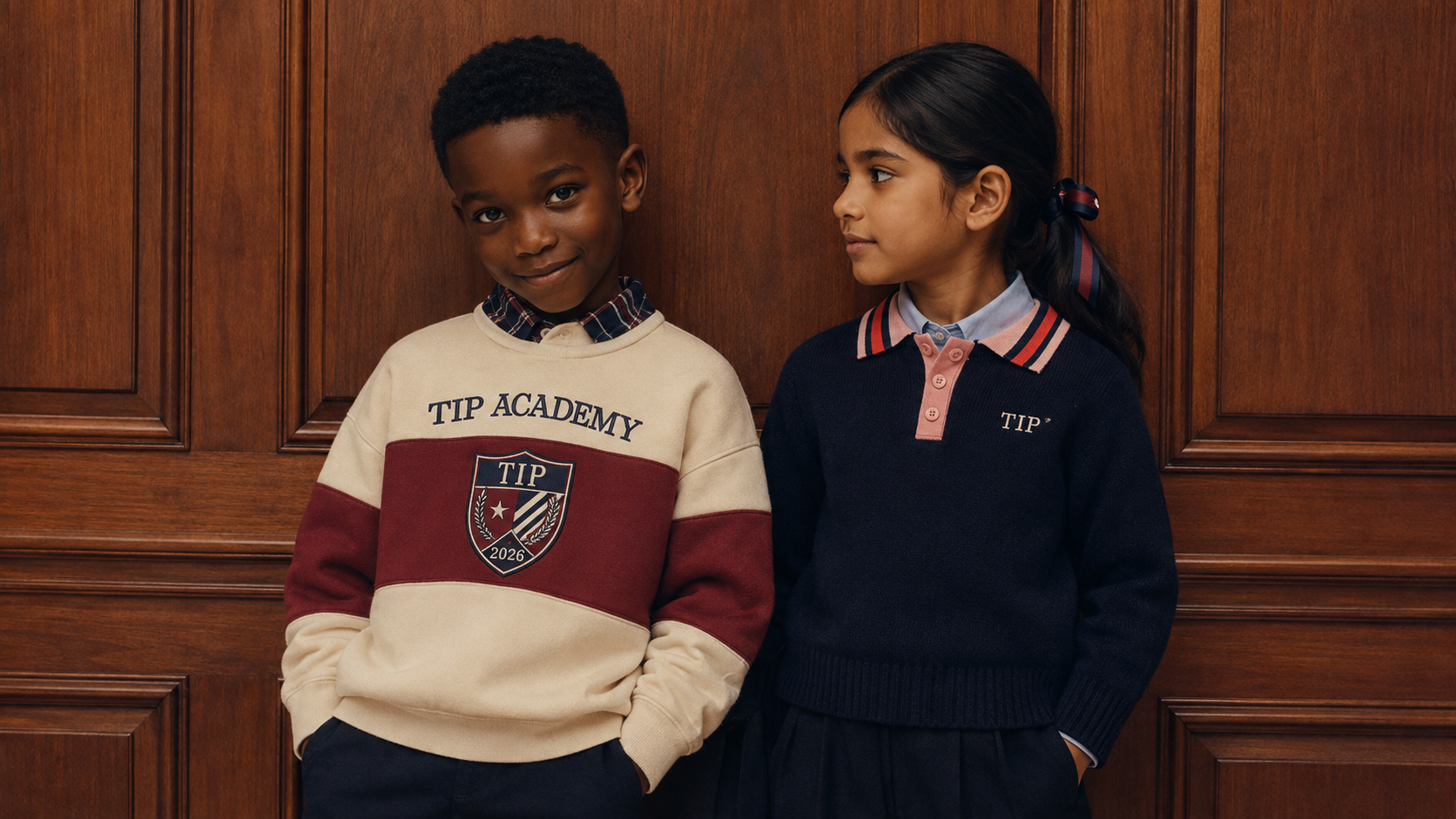 Two children in TIP Academy knitwear against panelled wood